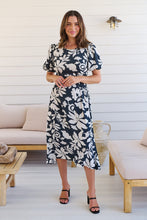 Load image into Gallery viewer, TeeTee Shirred Waist Bold Navy Floral Dress
