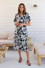 Load image into Gallery viewer, TeeTee Shirred Waist Bold Navy Floral Dress