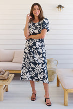 Load image into Gallery viewer, TeeTee Shirred Waist Bold Navy Floral Dress
