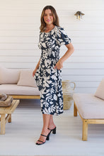 Load image into Gallery viewer, TeeTee Shirred Waist Bold Navy Floral Dress
