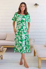 Load image into Gallery viewer, TeeTee Shirred Waist Bold Green Floral Dress