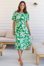 Load image into Gallery viewer, TeeTee Shirred Waist Bold Green Floral Dress