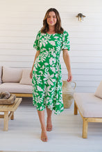 Load image into Gallery viewer, TeeTee Shirred Waist Bold Green Floral Dress
