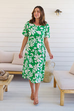 Load image into Gallery viewer, TeeTee Shirred Waist Bold Green Floral Dress