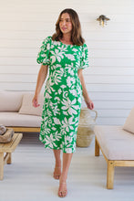 Load image into Gallery viewer, TeeTee Shirred Waist Bold Green Floral Dress