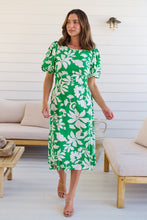 Load image into Gallery viewer, TeeTee Shirred Waist Bold Green Floral Dress