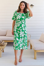Load image into Gallery viewer, TeeTee Shirred Waist Bold Green Floral Dress