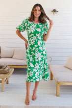 Load image into Gallery viewer, TeeTee Shirred Waist Bold Green Floral Dress