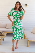 Load image into Gallery viewer, TeeTee Shirred Waist Bold Green Floral Dress