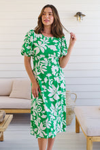 Load image into Gallery viewer, TeeTee Shirred Waist Bold Green Floral Dress