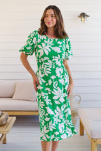 Load image into Gallery viewer, TeeTee Shirred Waist Bold Green Floral Dress