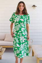 Load image into Gallery viewer, TeeTee Shirred Waist Bold Green Floral Dress
