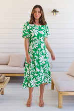 Load image into Gallery viewer, TeeTee Shirred Waist Bold Green Floral Dress