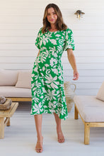 Load image into Gallery viewer, TeeTee Shirred Waist Bold Green Floral Dress