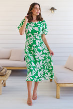 Load image into Gallery viewer, TeeTee Shirred Waist Bold Green Floral Dress