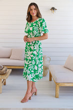 Load image into Gallery viewer, TeeTee Shirred Waist Bold Green Floral Dress