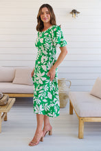 Load image into Gallery viewer, TeeTee Shirred Waist Bold Green Floral Dress