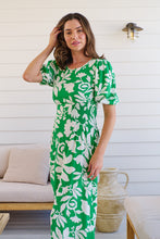 Load image into Gallery viewer, TeeTee Shirred Waist Bold Green Floral Dress