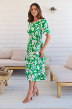 Load image into Gallery viewer, TeeTee Shirred Waist Bold Green Floral Dress