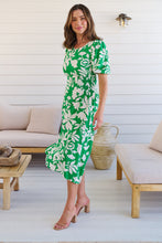 Load image into Gallery viewer, TeeTee Shirred Waist Bold Green Floral Dress