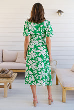 Load image into Gallery viewer, TeeTee Shirred Waist Bold Green Floral Dress