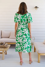 Load image into Gallery viewer, TeeTee Shirred Waist Bold Green Floral Dress