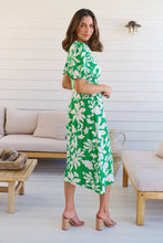 Load image into Gallery viewer, TeeTee Shirred Waist Bold Green Floral Dress