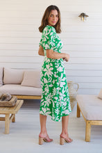 Load image into Gallery viewer, TeeTee Shirred Waist Bold Green Floral Dress