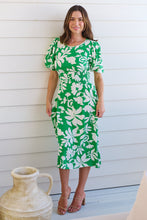 Load image into Gallery viewer, TeeTee Shirred Waist Bold Green Floral Dress