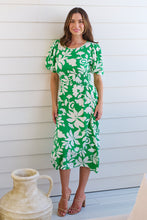 Load image into Gallery viewer, TeeTee Shirred Waist Bold Green Floral Dress
