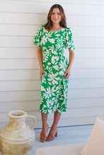 Load image into Gallery viewer, TeeTee Shirred Waist Bold Green Floral Dress