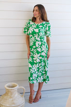 Load image into Gallery viewer, TeeTee Shirred Waist Bold Green Floral Dress