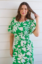 Load image into Gallery viewer, TeeTee Shirred Waist Bold Green Floral Dress