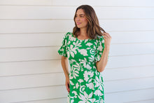 Load image into Gallery viewer, TeeTee Shirred Waist Bold Green Floral Dress