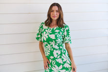 Load image into Gallery viewer, TeeTee Shirred Waist Bold Green Floral Dress