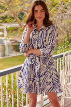 Load image into Gallery viewer, Heather Long Sleeve White/Blue Print Button Collar Dress