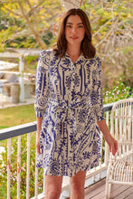 Load image into Gallery viewer, Heather Long Sleeve White/Blue Print Button Collar Dress