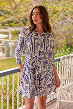 Load image into Gallery viewer, Heather Long Sleeve White/Blue Print Button Collar Dress
