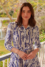 Load image into Gallery viewer, Heather Long Sleeve White/Blue Print Button Collar Dress