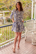Load image into Gallery viewer, Heather Long Sleeve White/Blue Print Button Collar Dress