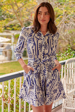Load image into Gallery viewer, Heather Long Sleeve White/Blue Print Button Collar Dress