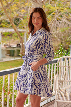 Load image into Gallery viewer, Heather Long Sleeve White/Blue Print Button Collar Dress
