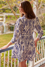 Load image into Gallery viewer, Heather Long Sleeve White/Blue Print Button Collar Dress