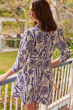 Load image into Gallery viewer, Heather Long Sleeve White/Blue Print Button Collar Dress