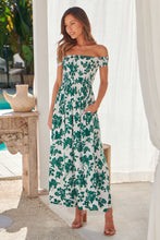 Load image into Gallery viewer, Gigi Off Shoulder Green/White Floral Print Shirred Maxi Dress
