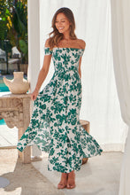 Load image into Gallery viewer, Gigi Off Shoulder Green/White Floral Print Shirred Maxi Dress