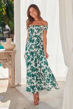 Load image into Gallery viewer, Gigi Off Shoulder Green/White Floral Print Shirred Maxi Dress