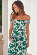 Load image into Gallery viewer, Gigi Off Shoulder Green/White Floral Print Shirred Maxi Dress