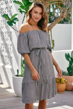 Load image into Gallery viewer, Bastille Black/White Gingham Off Shoulder Dress