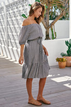 Load image into Gallery viewer, Bastille Black/White Gingham Off Shoulder Dress